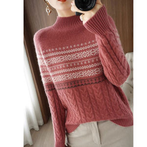 Thickened Cashmere Knitted Sweater Womens Overhead Style Winter Warm Half High Collar Long Sleeve Regular Fit Knitted Woolen Sweater