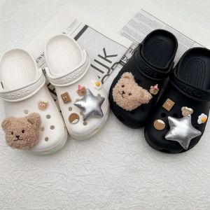 7Pcs/Set Crocs Jibbitz Charms Detachable Cute Coffee Teddy Bear Decoration 3D Silver Five Pointed Star Shoe Buckle for Crocs