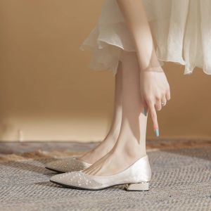 Elegant French Style Flat Wedding Shoes for Brides Maids Pregnant Women Engagement Low Heel Court Shoes Match Cheongsam Dresses