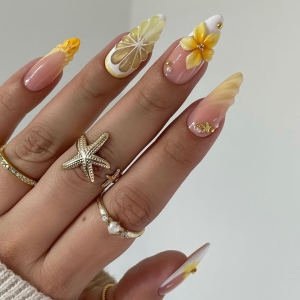 Medium fake nails for women girls Nude pink yellow almond nail tips with 3D flowers fruit design full cover press on false nail