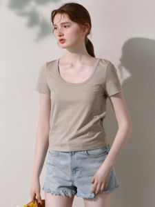 Miccbeirn | Silk Long Staple Cotton Simple T-Shirt Short Sleeve Slim Fit Solid Color U-Neck Cool Commuting Versatile Style Summer Wear