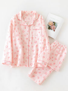 ชุดนอนผู้หญิงแขนยาวคอตตอนแท้ลายหัวใจ ชุดนอนฤดูร้อนบาง ชุดนอนฤดูใบไม้ผลิฤดูใบไม้ร่วง ชุดนอนฤดูใบไม้ร่วงสำหรับกลางแจ้ง ชุดนอนผู้หญิง