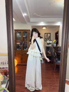 XUECAIQI | Sweet White Sleeveless Tank Top and Wide Leg Pants Set