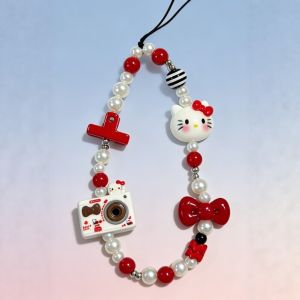 Sanrio | Dây Đeo Điện Thoại Kawaii Hello Kitty Đính Hạt Z Flip8 Kèm Nơ Máy Ảnh Cổ Điển Mặt Dây Chuyền Túi Ngọc Trai Chống Mất Móc Khóa Thủ Công Quà Tặng
