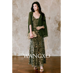 WANGXO | Eastern Elegance V-Neck Qipaosilk Fit-and-Flare Dress & Kimono Set