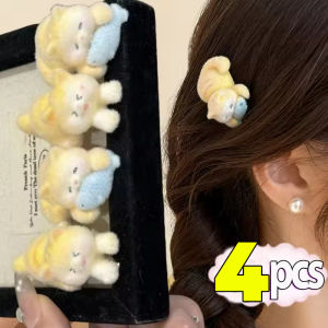 4Pcs Cute Cat Hair Clip Yellow Resin Plush Cat Eating Fish Hairpin for Women Girls Kawaii Bangs Side Hair Clips Accessories Headwear Gifts