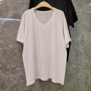 เสื้อยืดคอกลมแขนสั้นผ้าฝ้ายลายไม้ไผ่หลวมๆ สบายๆ สำหรับฤดูร้อน 2025 สำหรับผู้หญิง เสื้อตัวบนระบายอากาศได้ดี ทรงหลวม คอวี