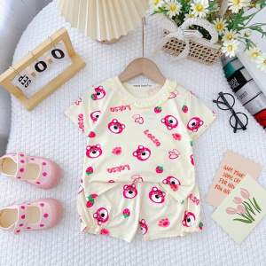 [6-30kg] Đồ bộ cộc tay cho bé gái in hoạ tiết dâu tây phối cổ bèo+ quần bo chỉ thun siêu dễ thương chuẩn chất thun lạnh chính hãng mềm mịn mát