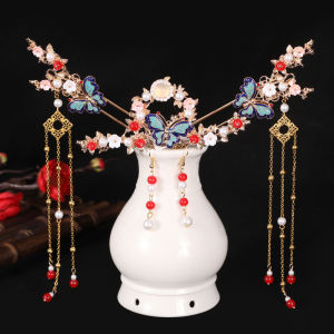 Original Tai Blue Pearl Hair Accessories Alloy Flowing Tassel Phoenix Crown Fashionable Traditional Hanfu Hairpin Set