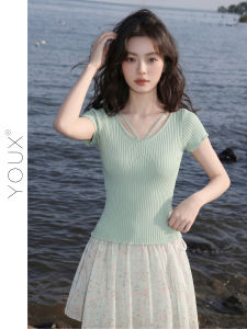 YOUXIANG | Áo Sơ Mi Hàn Quốc Ôm Body Cổ Tròn Tay Ngắn Lime & Sea Salt