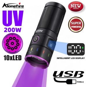 200W 10x LED 365nm UV Flashlight High power Blacklight Torch USB Rechargeable Pet Urine Stain Scorpion Money Fluorescent light