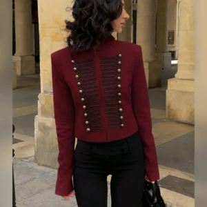 Tossy Cropped Jacket Double Breasted Stand Collar Long Sleeve Fitted Daily Office Streetwear Gold Buttons Braided Trim Jacket