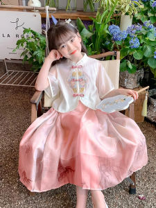 Girls Summer Short Sleeve Dress Set Traditional Chinese Style Childrens Hanfu Clothing Medium Waist Long Skirt for Ages 3-17