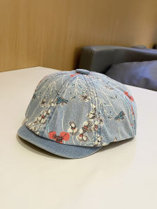 ย้อนยุค สไตล์เกาหลี พิมพ์ เดนิม หมวกเบเร่ต์ ผู้หญิง ใหม่ล้างวินเทจหน้าเล็กหมวกแปดเหลี่ยมหมวกไปข้างหน้า ลำลอง แฟชั่น