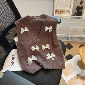 Chic Knitted Butterfly Knot Vest Cardigan Womens Autumn Fashion Layering Short Outerwear V-neck Wool Blend Plant Floral
