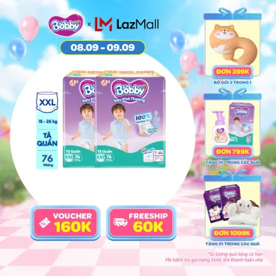 [QUÀ MỚI] [0H 15.9 - 17.9] Combo 2 Tã/bỉm quần Bobby 3mm Mega Jumbo Siêu khô thoáng XXL76 [Bao bì thay đổi theo từng đợt nhập hàng]