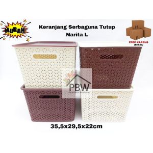 Keranjang Narita L Tutup Anyam Plastik Penyimpanan 355x295x22cm