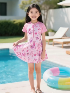 [Fast Shipping] Girls Cute Pink Mermaid Print One Piece Swimsuit Dress Style Quick Dry Swimwear for Girl 3-10 Yrs
