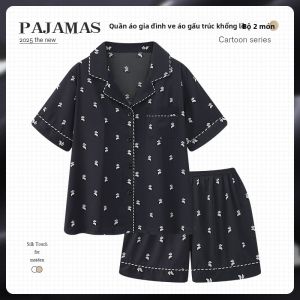 Bộ đồ ngủ MiiOW cho nữ làm bằng lụa băng pha cotton polyester in hình gấu trúc hoạt hình