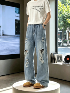 OUMULONG | Ripped Light Blue Men Jeans Slim-fit