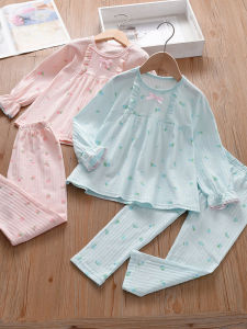 Girls Summer Thin Pure Cotton Muslin Long Sleeve Sleepwear Set Childrens Air Conditioning Clothes Spring Autumn Home Clothes