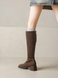 Agsdon | Slim Fitting Square Toe Suede Over-the-Knee Boots With Elastic Fabric And Back Zipper Easy to Wear