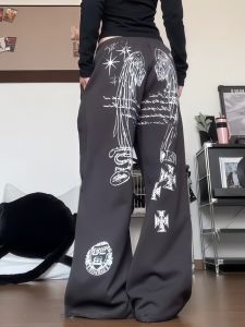 Casual Wide Leg Pants Womens Spring Autumn Retro Street Dance Trendy Brand Sporty Graffiti Lettering High Waist Elastic Waist