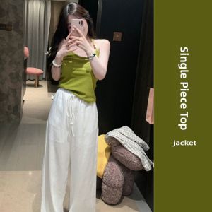 YUEZHONGWEI | Green Ice Silk Knitted Strap Vest Womens Summer Outwear Slimming Sleeveless Top Dopaamine Style Asymmetric Commute Fashion