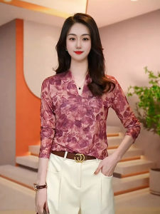 เสื้อเชิ้ตผู้หญิงคอวีแขนยาวพิมพ์ลาย ทรงสลิมฟิต ทรงเข้ารูป เสื้อชั้นในผ้าตาข่าย แฟชั่นฤดูใบไม้ร่วง 2024 สำหรับผู้หญิง