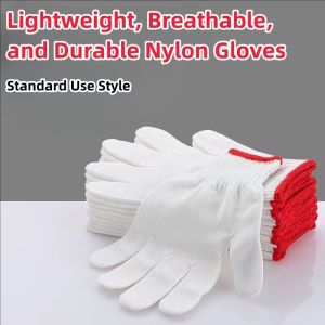 12/6Pairs White Knitted Nylon Work Gloves / Durable Industrial Gardening Protection Gloves / Safety Grip Cotton Thread Glove