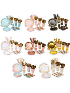 Eco-Friendly Paper Disposable Cutlery Set Gold-Stamped Colorful Party Series Banquet Cup Napkin Knife Fork Paper Plate