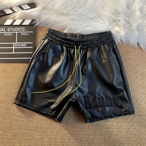 PU Leather Pants American Embroider Logo Solid Color Retro Casual Sports Shorts Short-Length Pants Trendy High Street Loose Drawstring