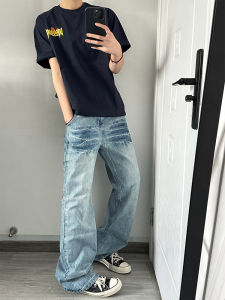 กางเกงยีนส์ทรงหลวมเอวสูงทรงตรงสำหรับผู้ชาย สีฟ้าอ่อนลายฟ้าก้าว ทรงหลวมสไตล์ย้อนยุค สไตล์อเมริกัน ฤดูใบไม้ผลิและฤดูใบไม้ร่วง