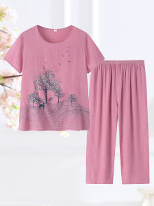 Casual Short Sleeve round Neck Print Two-Piece Set for Middle-Aged And Elderly Women Summer New Style Mommy Clothes Loose Fit