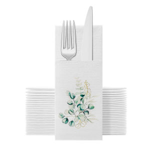 JINYUDOME Valentines Day Disposable White Pocket Napkins with Built-in Flatware 13x15.75in PreFolded for Wedding Party Events