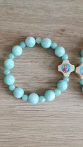 Chuỗi tràng hạt mân côi đeo tay thạch màu xanh ngọc10 hạt 10li thánh giá gỗ dán hình Chúa