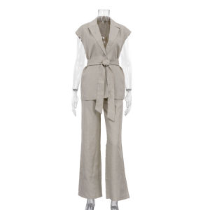 Autumn Vintage Elegant Solid Chic Women Suit Sleeveless Women Top Belt Vest High Waist Loose Pants New Fashion Summer Lady Sets