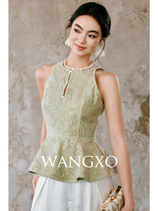 WANGXO | Áo Không T Tay Voan Thêu Hoa Văn Ngọc Trai