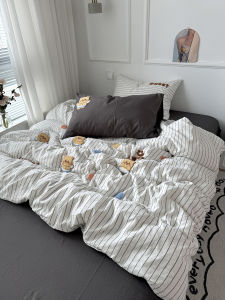 Ins Simple Spotted Soft Cute Cartoon Towel Washed Cotton Bedding Set Black Bed Sheet Dormitory Three-Piece Set Four-Piece Set