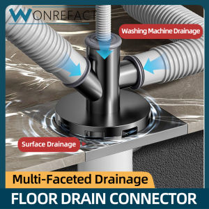 Home  Washing Machine Drain Pipe Floor Drain Replacement Head 304 Stainless Steel Gray T-Connector Diverter 3-in-1 Floor Drain Connector
