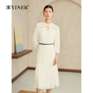 Summer 100 Silk Lace Ruffle Waterdrop Neck Cutout Dress