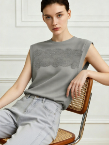 AMII | Cotton Spliced Mesh Lace Sleeve Loose T-Shirt
