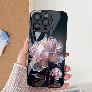 Pink Peony Lotus Pattern Tempered Glass Phone Case For iPhone 17 Pro Max 16 15 17 13 12 Pro 14 11 Case Cover Shockproof Luxury