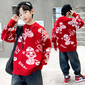 Thickened Knitted Sweater for Boys Autumn Winter Style Red Base Layer Shirt Lucky Snake Year Childrens Clothing Korean Style Cotton Blend Fabric