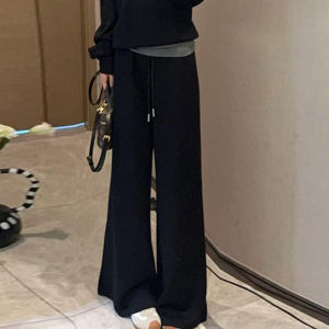 Shalldoer | Autumn 2025 Womens Casual Style Faux Two-Piece Sweatshirt Wide Leg Pants Set Breathable Medium Thickness High Waist T-Shirt