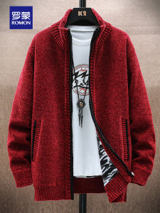 Lormen Mens Knitted Zipper Thickened Warm Stand Collar Sweater Cardigan Winter Fashion Casual Red Outerwear for Youth