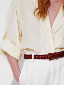 MO&Co. | Lightweight Cuban Collar Embroidered Sleeve Belt Shirt