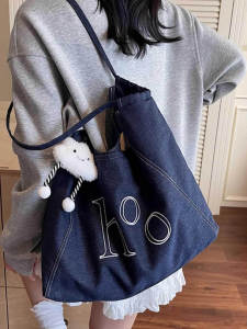 Loose Fit Large Capacity Embroidered Denim Canvas Bag Single Shoulder Tote Women Commuting Armpit Bag Fashionable Mini Bag