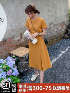 Orange Casual T-shirt Dress Women Summer 2025 New Design Sensation Waist-Cinching Midi Skirt A-Line Silhouette Short Sleeve