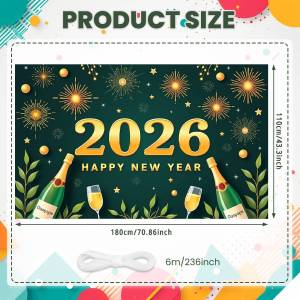 2026 New Year Banner Green Background Champagne Happy New Year Banner for New Year Party 2026 Celebration Holiday Decoration